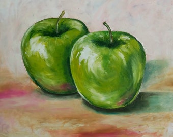 SharonFosterArt ACEO Original Apple Painting watercolor Bright Green Apple art card ACEO Farmhouse decor