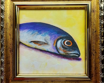 Sardine Oil Painting, Framed, Small Fish Painting, Gift, Original Still Life Food Kitchen Art