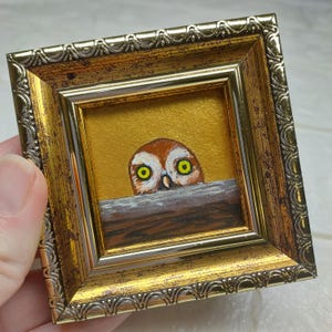 Owl bird painting original Golden small artwork framed Bird owl wall art Best friend gift for friends