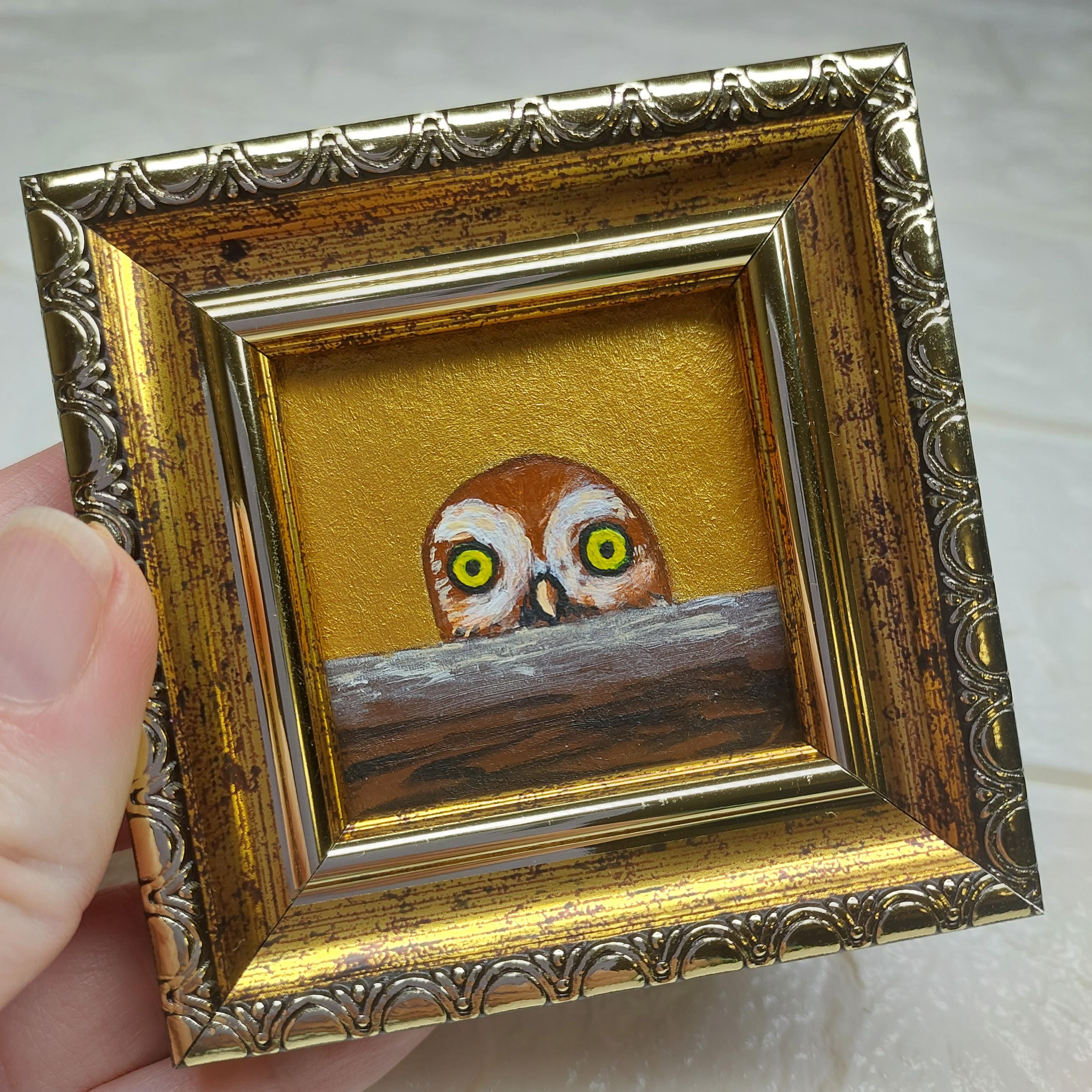 Original Owl Painting: Golden Miniature Framed Art