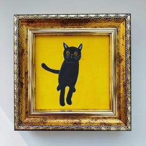 Framed Black Cat Painting: Small Original Oil Portrait, 3x3 in