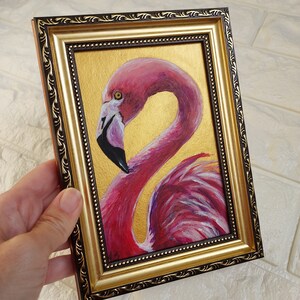 Flamingo painting Wildlife bird painting original Small oil painting animals artwork Golden Framed Painting Farmhouse wall décor image 9