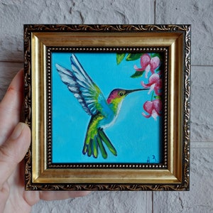 Hummingbird painting original Bird oil painting Gold Framed Painting 4x4 Hummingbird with Flowers Artwork Gifts Hummingbird Wall Art