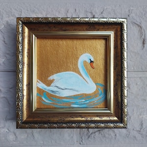 Swan Bird Painting Original Golden FRAMED Miniature Swan 3x3 Artwork