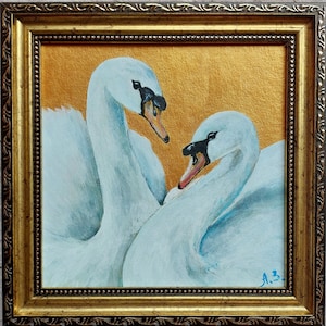 Swans Painting Original Golden FRAMED Painting White Swan Couple Art Hand Painted Family Artwork