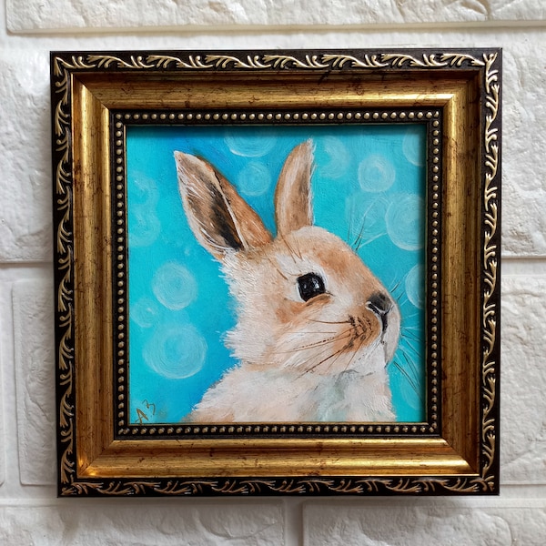 Cute rabbit oil painting original Framed Small painting Bunny artwork Animal pet painting for nursery Ukrainian artist