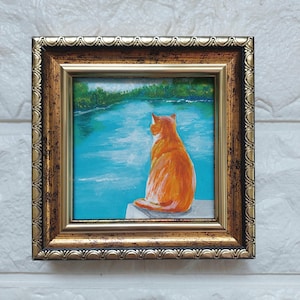 Orange cat on the lake painting original Framed art Funny cat handmade art Mini cat painting 3x3 in