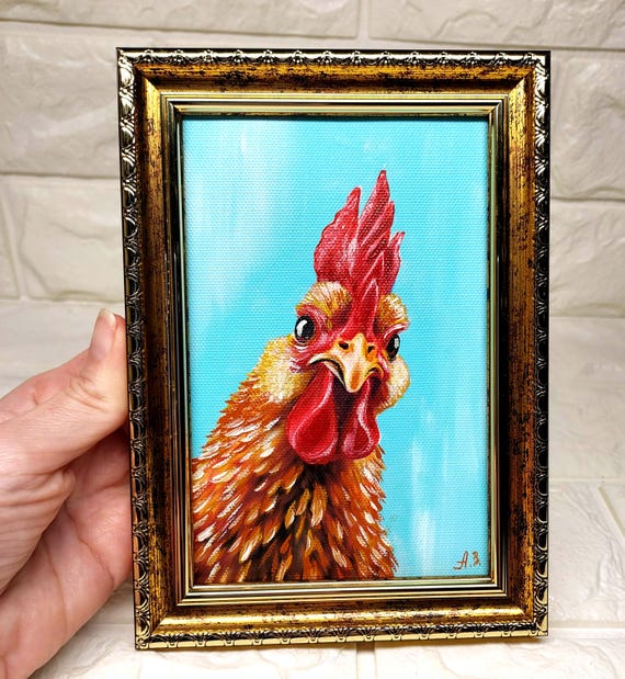 Rooster Painting, Original Farm Bird Art, Framed Miniature Oil Painting