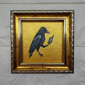 Crow Painting Black crow with a book art Bird small hand painting Raven Wall Art Golden Painting Framed Bird Artwork