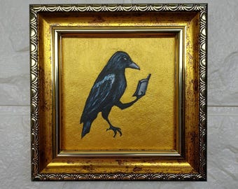 Framed Crow Oil Painting: Gift, Raven with Book, Golden Art