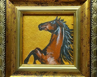 Original Horse Oil Painting, Gift, Framed Mini Artwork (2x2 in)
