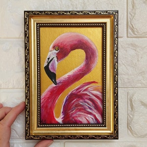 Flamingo painting Wildlife bird painting original Small oil painting animals artwork Golden Framed Painting Farmhouse wall décor image 6