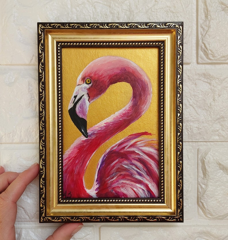 Flamingo painting Wildlife bird painting original Small oil painting animals artwork Golden Framed Painting Farmhouse wall décor image 6