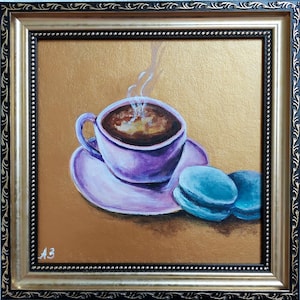 Coffee oil Painting Cake original artwork gold framed morning coffee painting original Coffee Cup Painting Food Artwork Kitchen Wall Art
