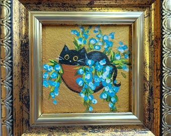 Framed Black Cat Painting: Gift Miniature Kitten in Vase, Original Oil Art