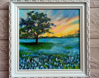 Bluebonnet Field Painting Sunset Texas Hill Country Landscape Oil Painting Gold Framed Painting Texas Wildflower Art