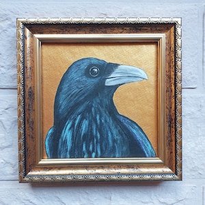Crow Painting Raven Wall Art Bird small oil Painting Golden Painting Framed Black Bird Artwork