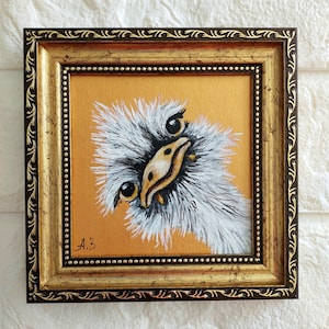 Ostrich Painting Original Bird Oil Painting Small Gold Art Frame Artwork Bird Wall Art Farm animal painting