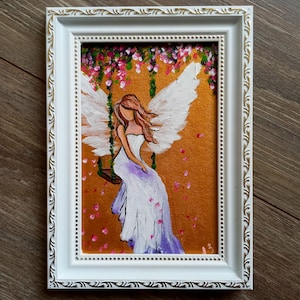 Angel oil painting original Framed Guardian angel artwork Religious original art Wings spiritual Angel on a swing Ukrainian artist