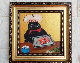 Black cat chef cooking art Cat and fish oil Painting gold original artwork  painting original framed art Funny animals