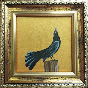 Small painting crow Bird Black art Raven portrait Wall Art Golden Painting Framed  Bird Artwork