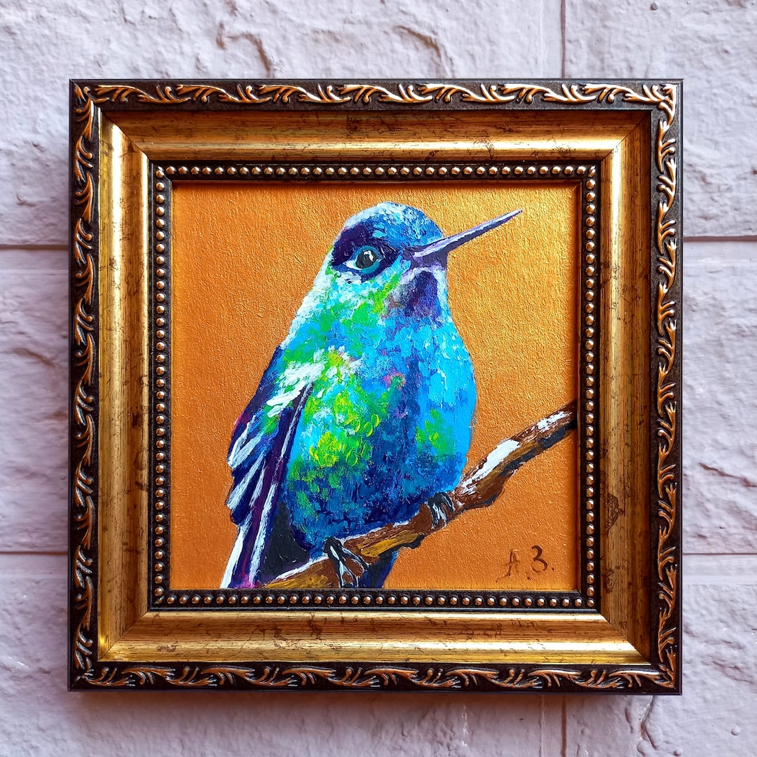 Hummingbird Painting Original Bird Oil Painting Gold Frame Small