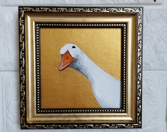 White Goose Painting Original Miniature Geese Hand-Painted Duck painting FRAMED
