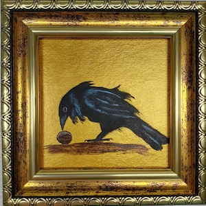 Crow Painting Crow with nut Raven Wall Art Black Bird artwork small hand painting Golden Painting Framed