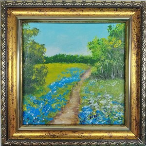 Bluebonnet Painting Texas Hill Country Artwork Landscape small Painting Gold Framed Painting Texas Field Art
