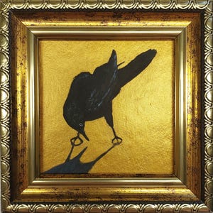Crow Painting Bird small painting Black crow art Raven Wall Art Golden Painting Framed  Bird Artwork