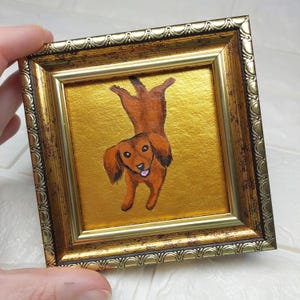 Framed Dachshund Painting: Miniature Dog Art, Pet Portrait, Gold texture