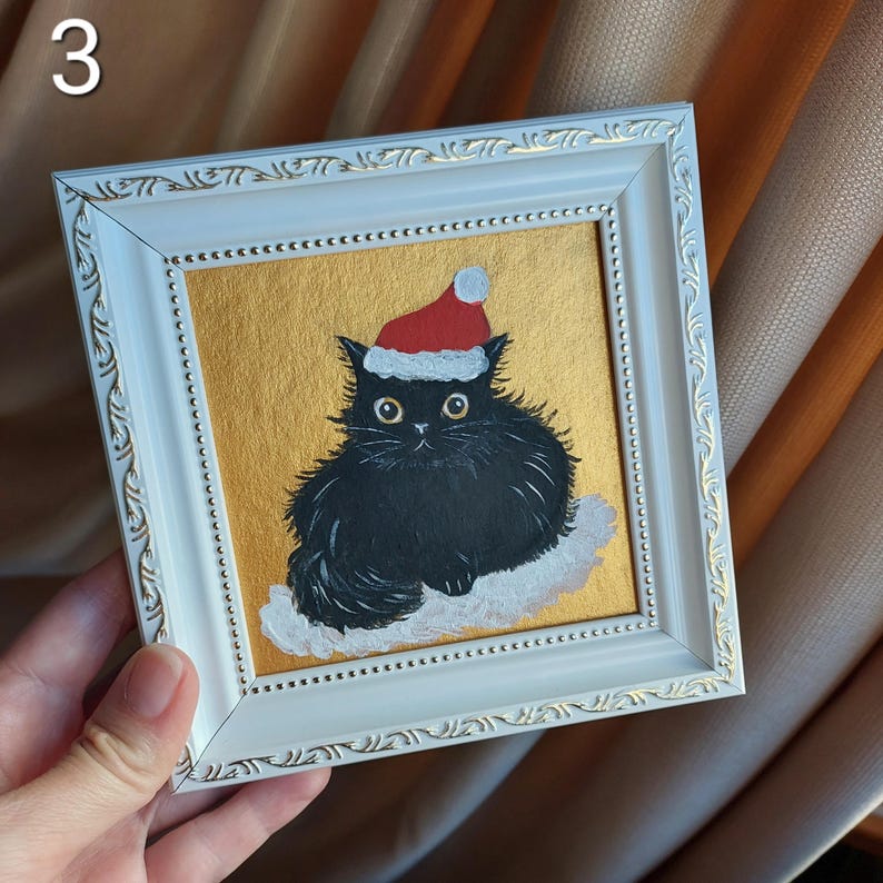Black Cat in Christmas Hat Painting Gold Original Artwork Framed Funny