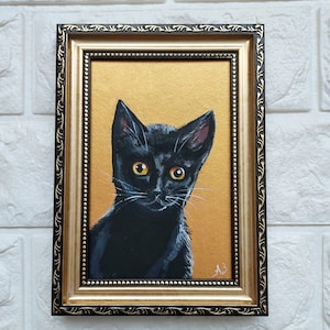 Framed Black Cat Oil Painting: Gift, Portrait Original Gold Art