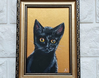 Black cat oil Painting gold original artwork framed Black cat painting original framed art animals
