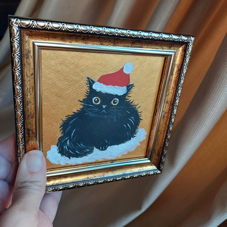 Black Cat in Christmas Hat Painting Gold Original Artwork Framed Funny