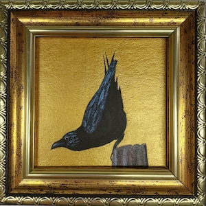 Crow small painting Raven Wall Art Black Bird artwork small hand painting Golden Painting Framed