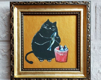 Black cat and fish sardines oil painting Gold original artwork framed Funny black cat painting Portrait cat artwork Seafood Kitchen Art