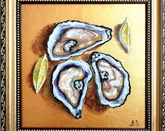 Oyster Oil Painting, Original Kitchen Wall Art, Lemon Still Life, Coastal Decor