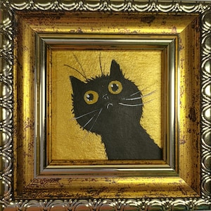 Black cat mini painting original Portrait cat art Framed Funny cute kitten handmade artwork painting 2x2 in