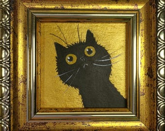Framed Black Cat Mini Painting: Original Oil Portrait, 2x2 in