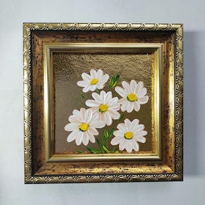 Daisy Painting Framed Gold Leaf Art Original White Flowers Hand Painted Floral Small Artwork