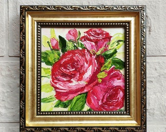 Roses Small Painting Original Red Flowers Oil Painting Framed Bouquet Floral Artwork Impasto Home Wall Art Decor Ukrainian artist