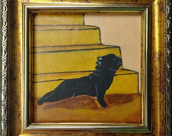 French bulldog painting framed dog oil painting puppy painting Dog Portrait Black Dog near the stairs original art
