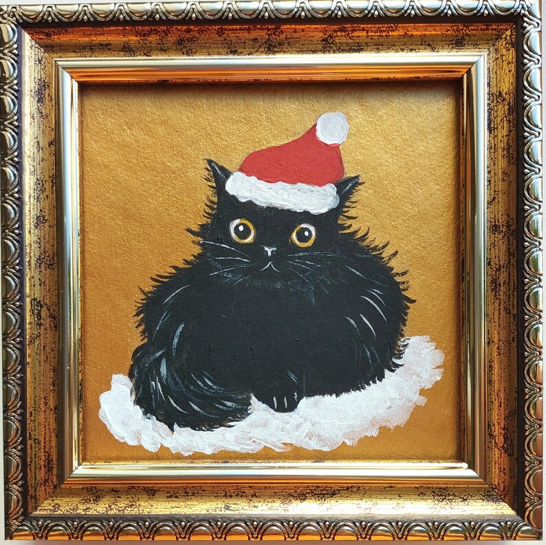 Black Cat in Christmas Hat Painting Gold Original Artwork Framed Funny
