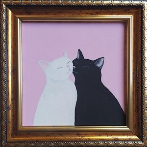 Black and white cat painting Framed original artwork Small funny cat painting Couple cats art
