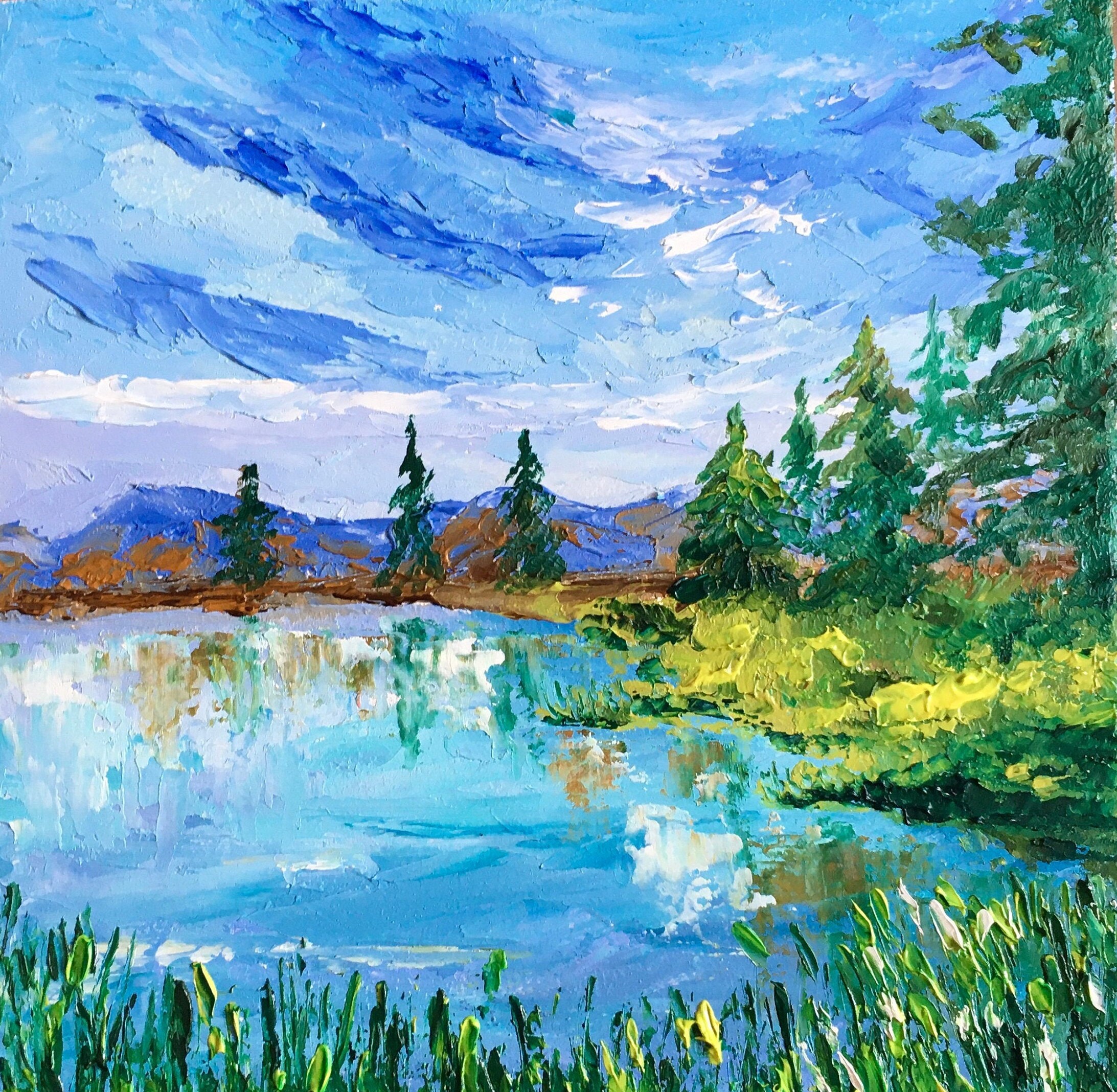 Yellowstone Lake Painting National Park Original Art Abstract Etsy