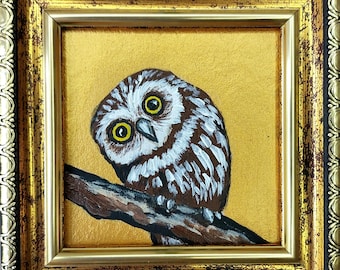 Owl Oil Painting, Original Bird Portrait, Framed Miniature Artwork, Nature Lover Gift