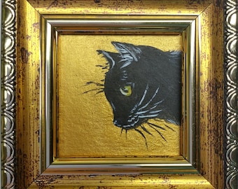 Framed Black Cat Mini Painting: Original Hand-Painted Kitten Art
