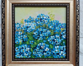 Forget me nots Original Painting Blue Flowers Small Gold Framed Original Art Painting Bouquet Artwork Ukrainian artist