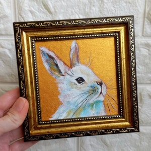 White rabbit painting original golden framed picture Small animal art Cute rabbit portrait Bunny painting Birthday gift for woman